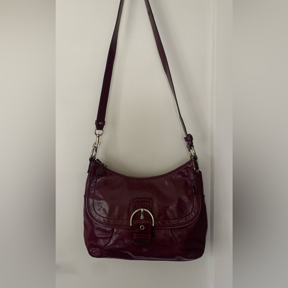 Coach Plum Color Leather Shoulder Bag with Silver Accents